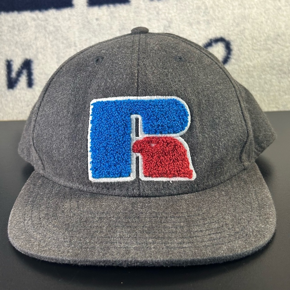 Russel Athletics Grey Snapback Hat with Blue and Red Logo Adjustable Cap